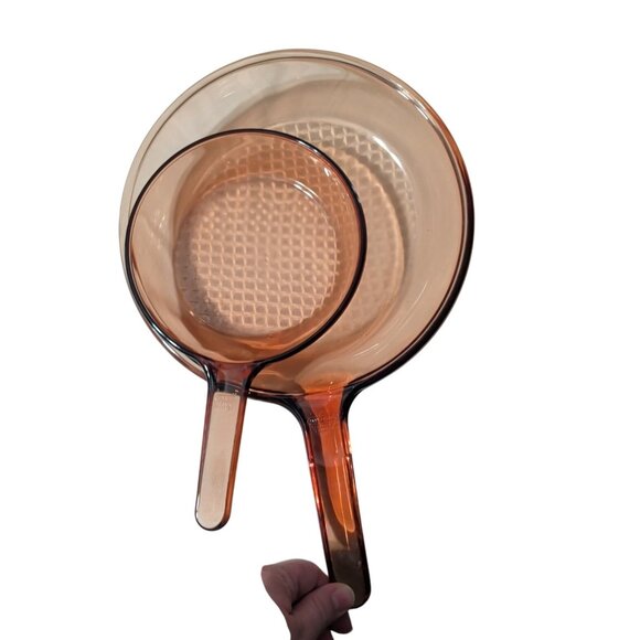 Corning Vision Ware Amber Glass Skillets Waffle Bottom Fry Pans 10 in 7 in retro - Picture 4 of 15
